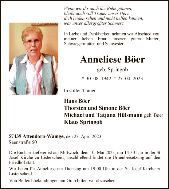 Todesanzeige von Anneliese Böer von WA
