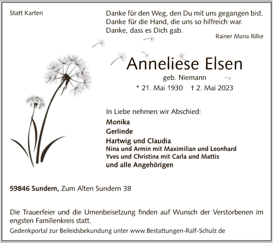 Todesanzeige von Anneliese Elsen von WA