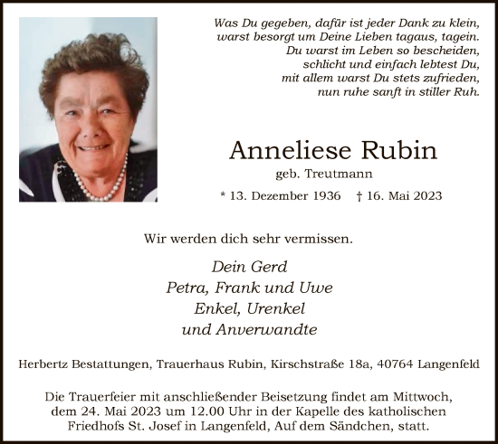 Todesanzeige von Anneliese Rubin von WA