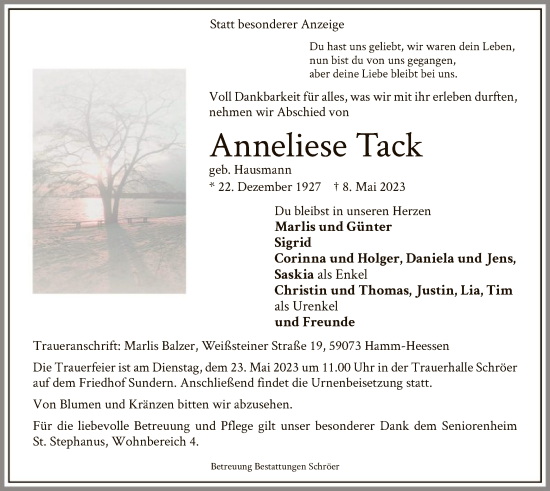 Todesanzeige von Anneliese Tack von WA