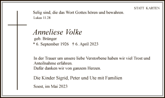 Todesanzeige von Anneliese Volke von WA