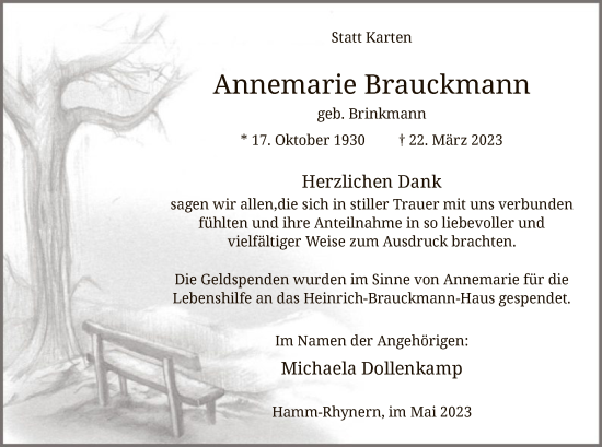 Todesanzeige von Annemarie Brauckmann von WA