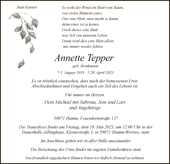 Todesanzeige von Annette Tepper von WA