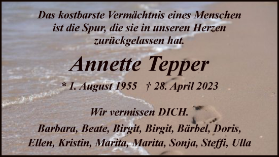 Todesanzeige von Annette Tepper von WA