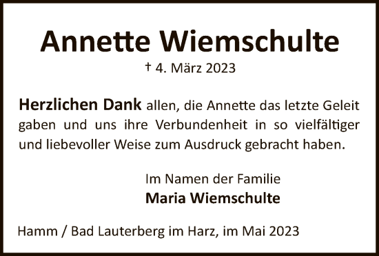 Todesanzeige von Annette Wiemschulte von WA