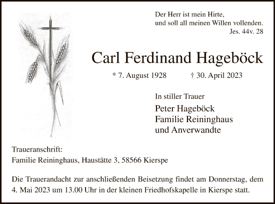 Todesanzeige von Carl Ferdinand Hageböck von WA