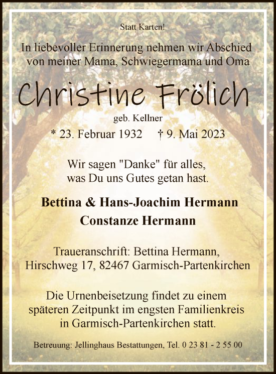 Todesanzeige von Christine Frölich von WA