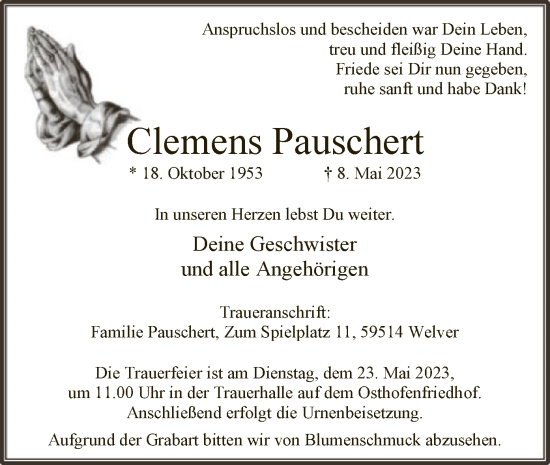 Todesanzeige von Clemens Pauschert von WA