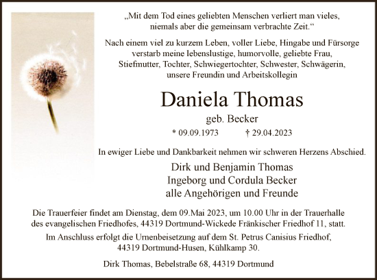 Todesanzeige von Daniela Thomas von WA