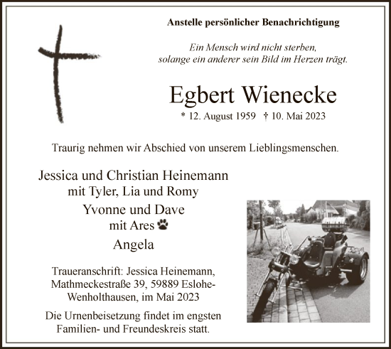 Todesanzeige von Egbert Wienecke von WA
