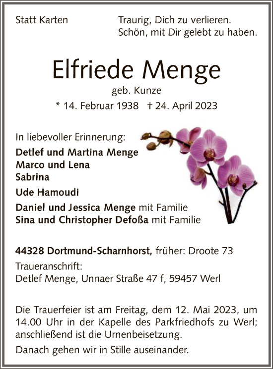 Todesanzeige von Elfriede Menge von WA