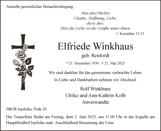 Todesanzeige von Elfriede Winkhaus von WA