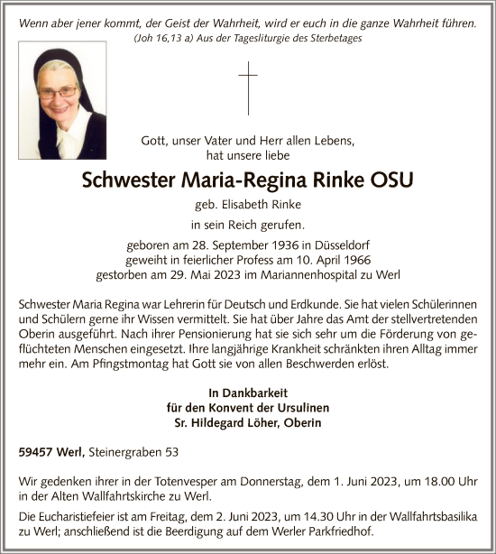 Todesanzeige von Elisabeth Rinke von WA