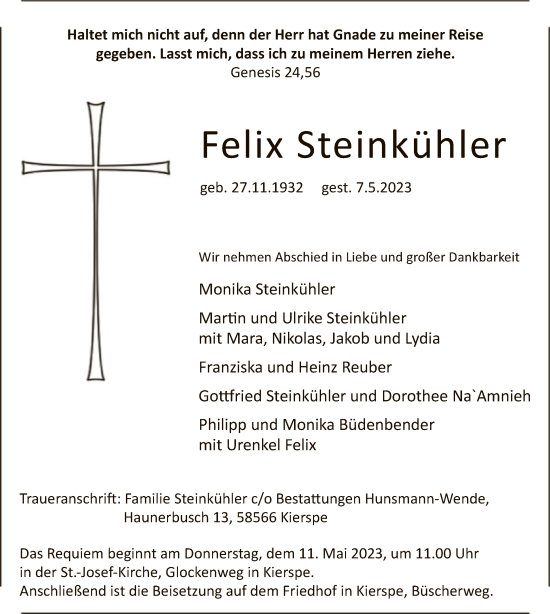 Todesanzeige von Felix Steinkühler von WA