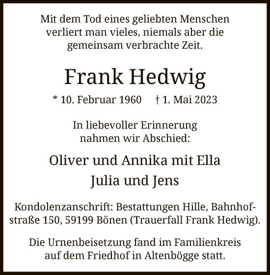 Todesanzeige von Frank Hedwig von WA