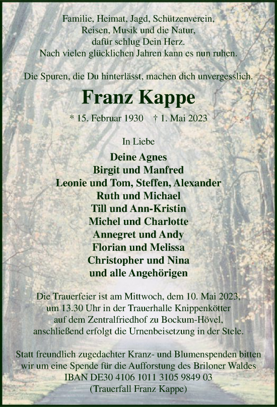 Todesanzeige von Franz Kappe von WA