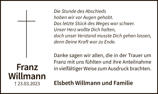 Todesanzeige von Franz Willmann von WA