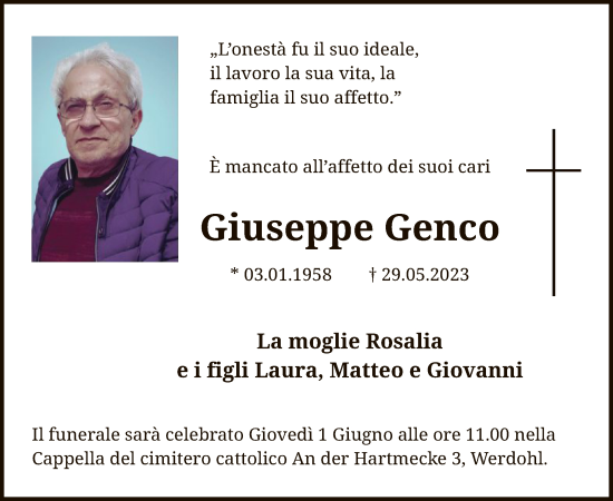 Todesanzeige von Giuseppe Genco von WA