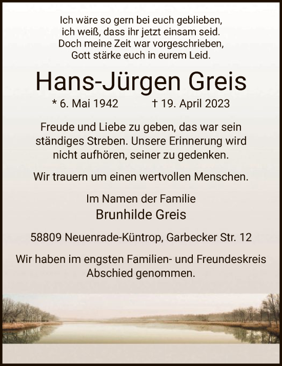 Todesanzeige von Hans-Jürgen Greis von WA
