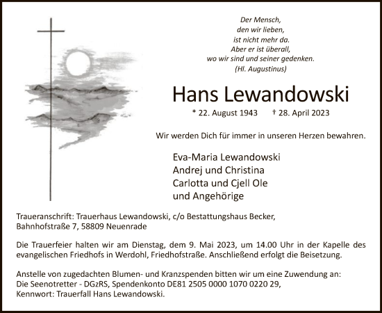 Todesanzeige von Hans Lewandowski von WA