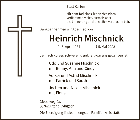Todesanzeige von Heinrich Mischnick von WA