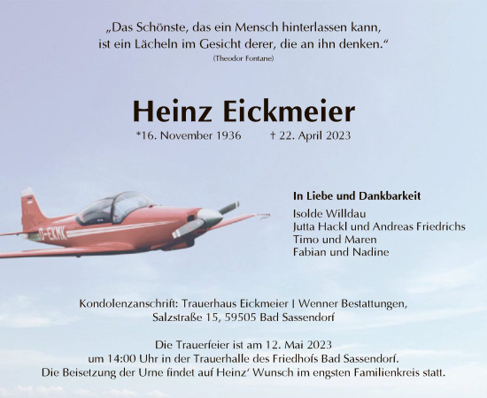 Todesanzeige von Heinz Eickmeier von WA