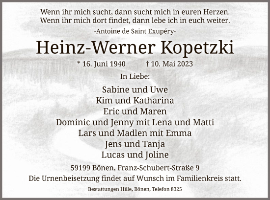 Todesanzeige von Heinz-Werner Kopetzki von WA