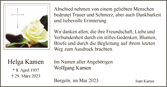 Todesanzeige von Helga Kamen von WA