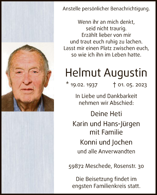 Todesanzeige von Helmut Augustin von WA