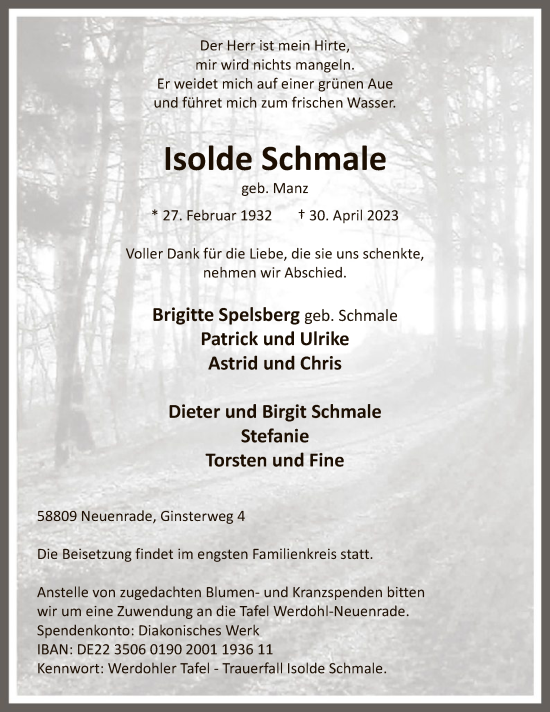 Todesanzeige von Isolde Schmale von WA