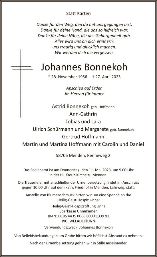 Todesanzeige von Johannes Bonnekoh von WA