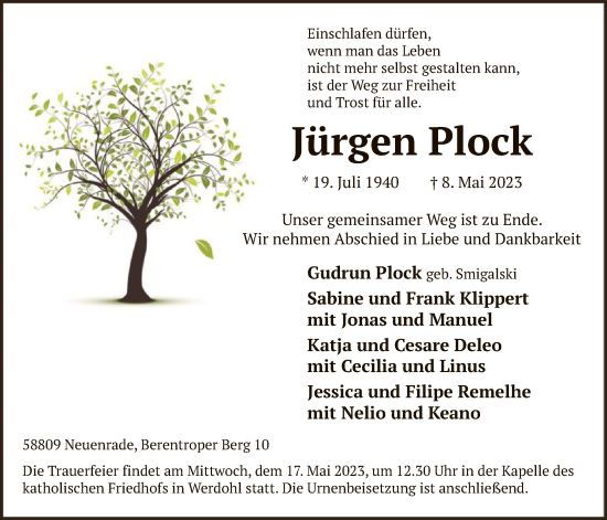 Todesanzeige von Jürgen Plock von WA