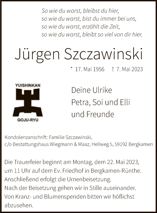 Todesanzeige von Jürgen Szczawinski von WA