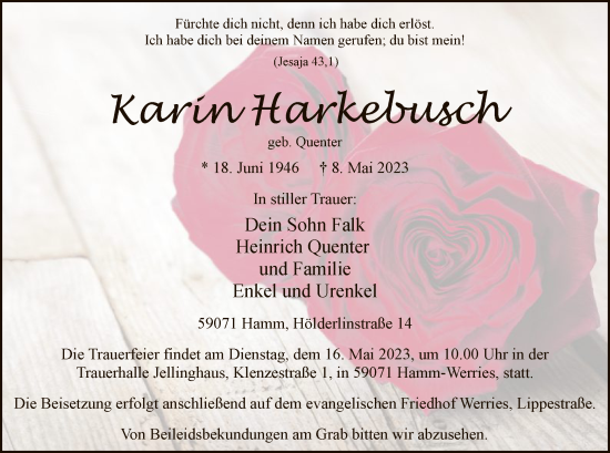 Todesanzeige von Karin Harkebusch von WA