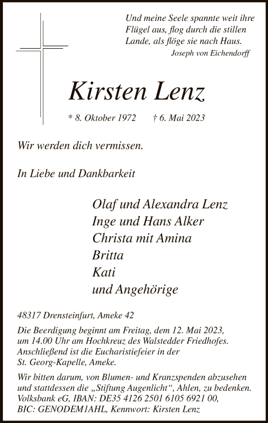 Todesanzeige von Kirsten Lenz von WA