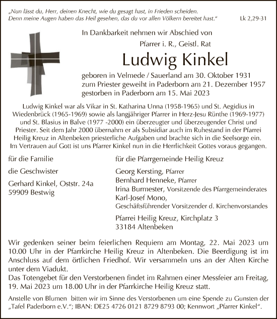 Todesanzeige von Ludwig Kinkel von WA