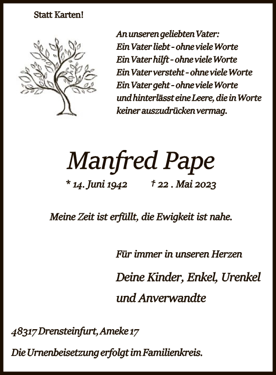 Todesanzeige von Manfred Pape von WA