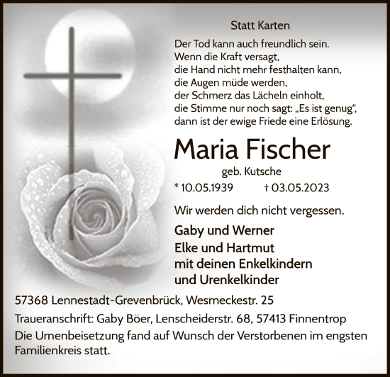 Todesanzeige von Maria Fischer von WA