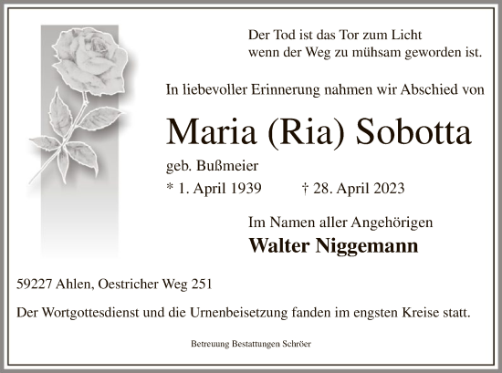 Todesanzeige von Maria Sobotta von WA