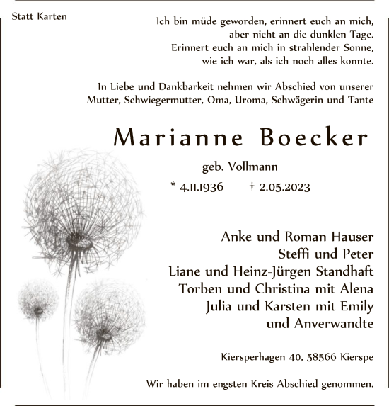 Todesanzeige von Marianne Boecker von WA