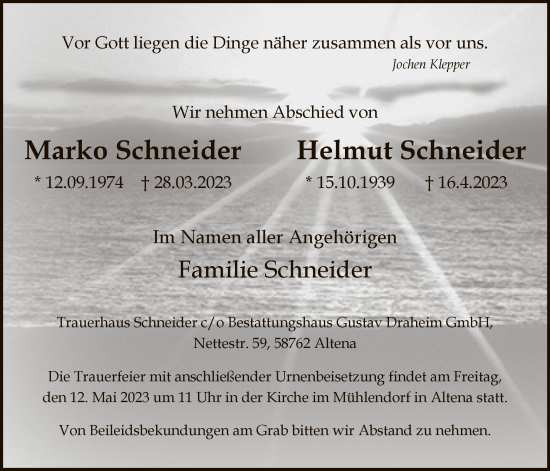 Todesanzeige von Marko und Helmut Schneider von WA