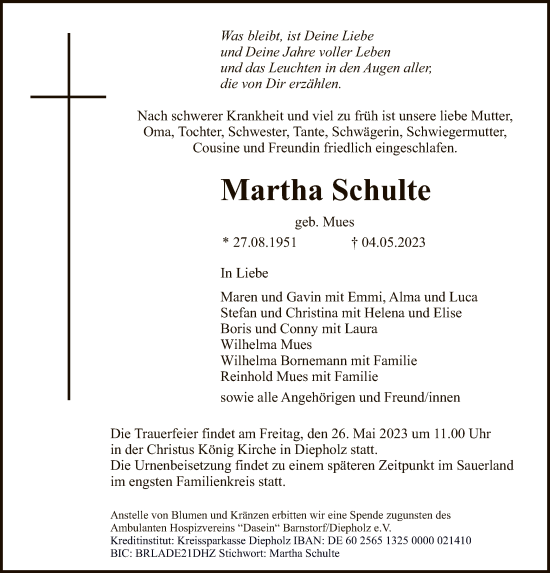 Todesanzeige von Marta Schulz von WA