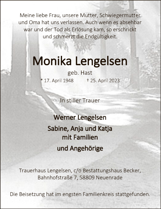 Todesanzeige von Monika Lengelsen von WA