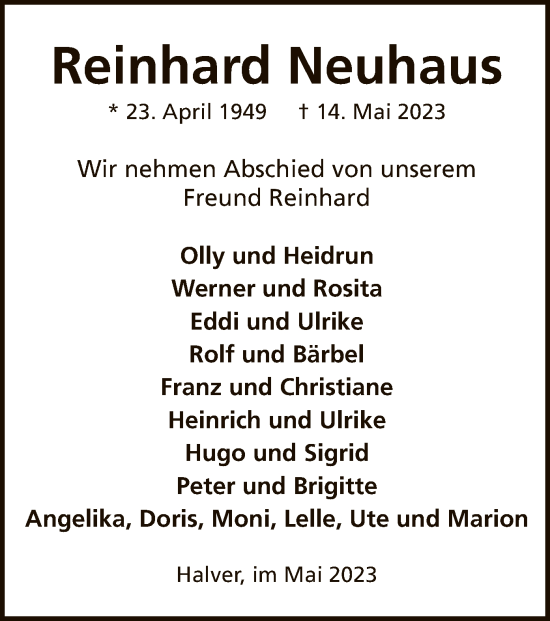 Todesanzeige von Reinhard Neuhaus von WA