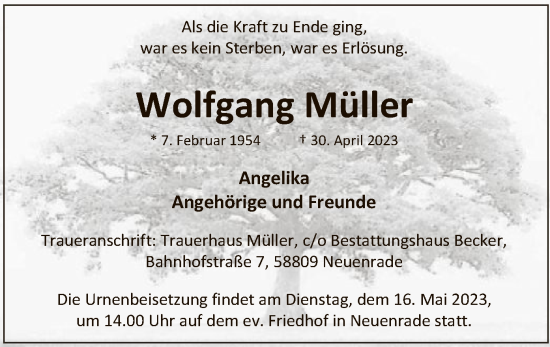 Todesanzeige von Wolfgang Müller von WA