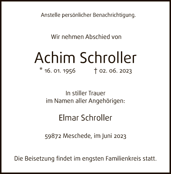 Todesanzeige von Achim Schroller von WA