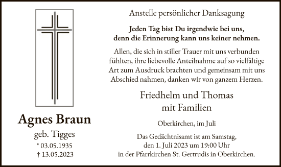 Todesanzeige von Agnes Braun von WA