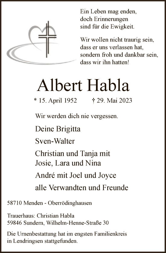 Todesanzeige von Albert Habla von WA