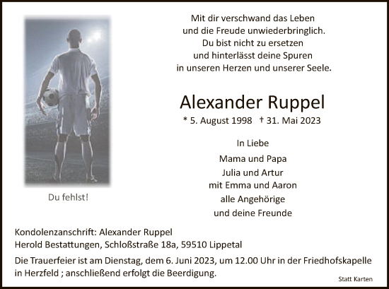 Todesanzeige von Alexander Ruppel von WA