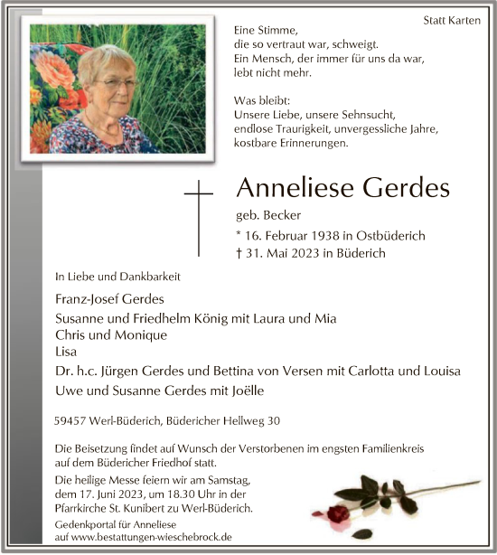 Todesanzeige von Anneliese Gerdes von WA